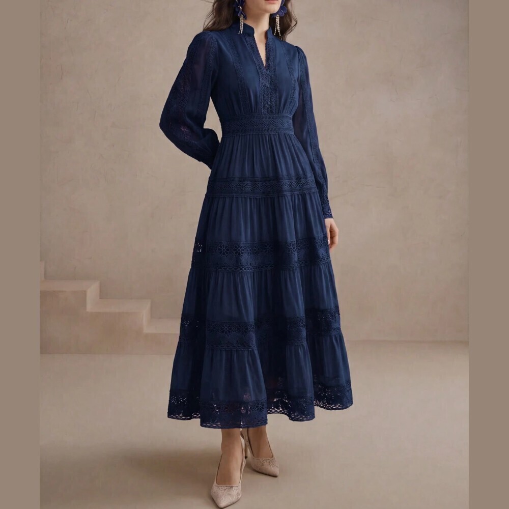 Navy Blue Lace Trim Tiered Notched Neck Long Sleeve Maxi Dress